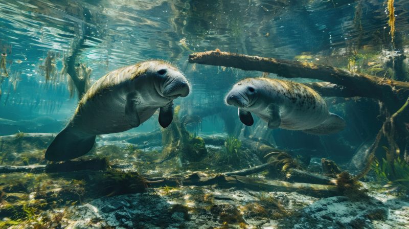 Manatees under water