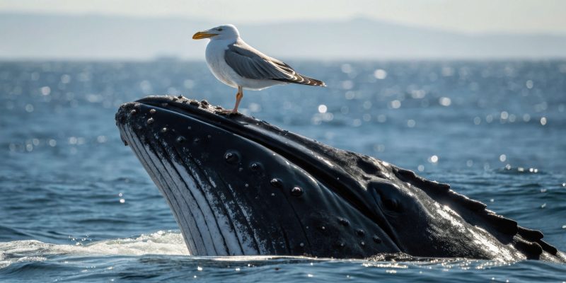 Seagull perched on a whale