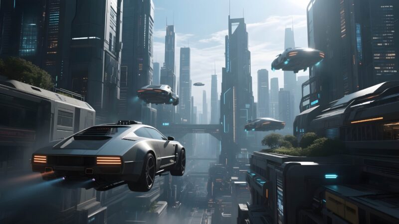 Flying cars in a city