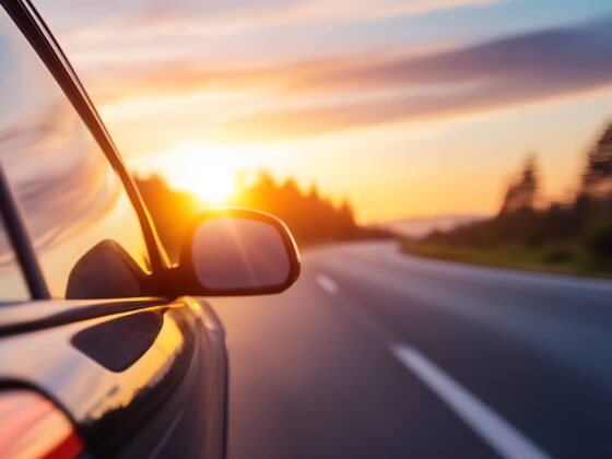 side mirror in sunset