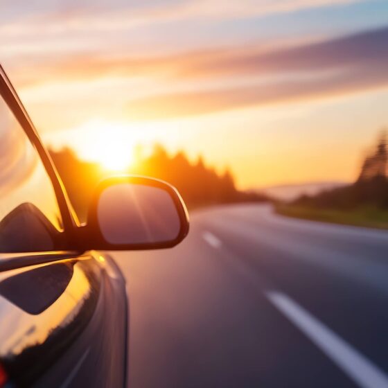 side mirror in sunset