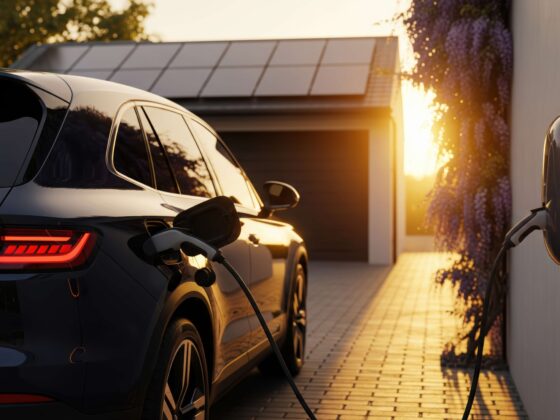 EV charging in sunset