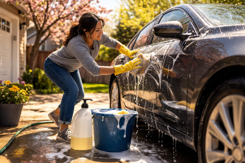 Car detailing the exterior at home