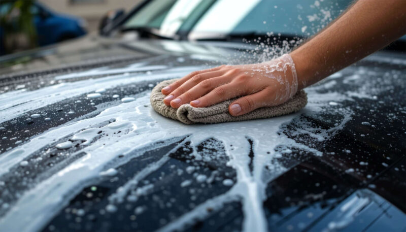 Washing car with microfiber cloth