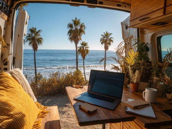 Laptop in a camper in California