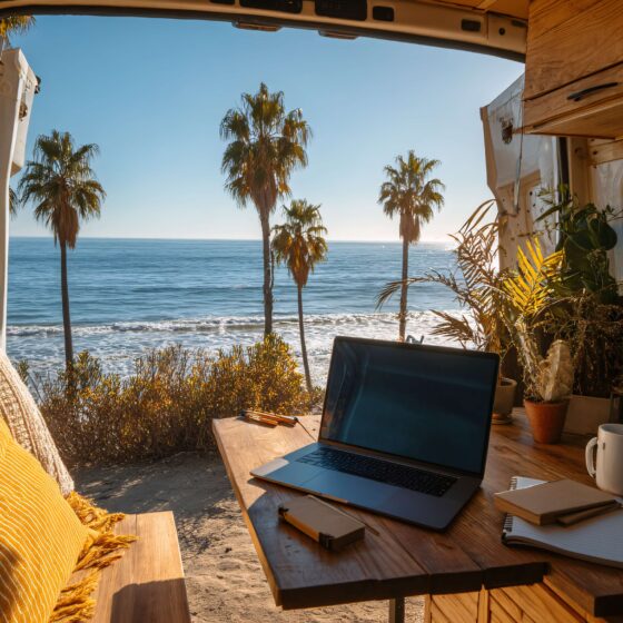 Laptop in a camper in California