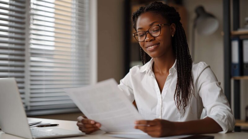 Woman with documents and laptop