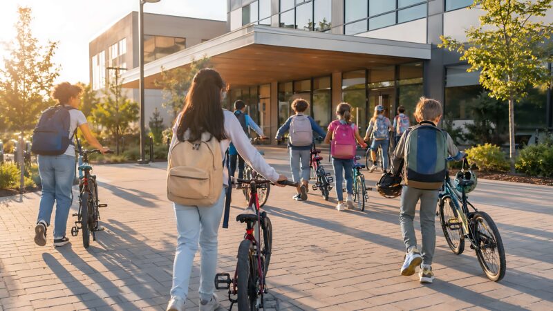 Kids on bikes at school